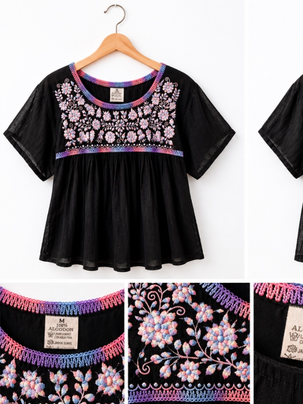 Mexican Embroidered Floral Peasant Blouse Black Cotton Medium Boho